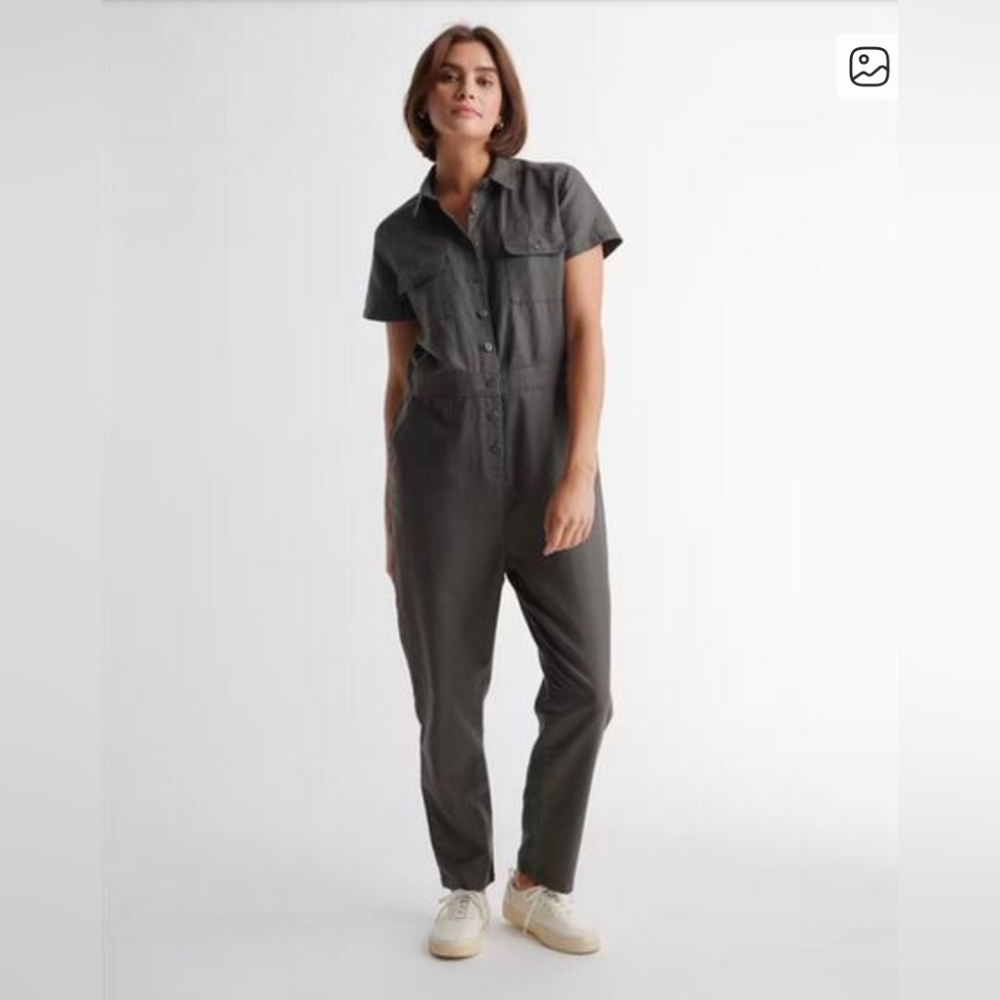 Quince Cotton Linen Twill Short Sleeve Coverall Jumpsuit Charcoal